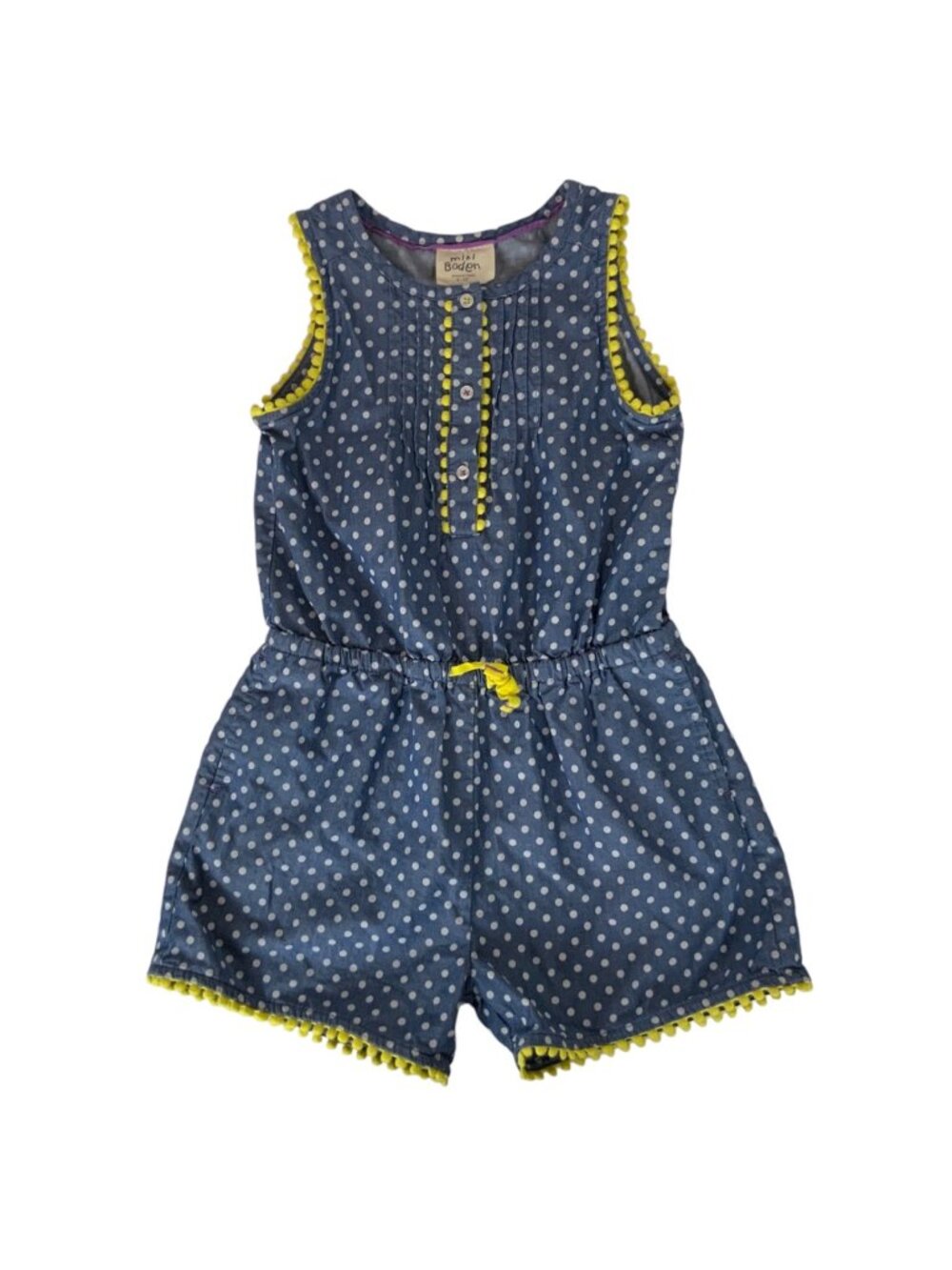 Mini Boden Polka Dot Girls Romper 4-5Y Blue Yellow Pom Pom Trim Spring Summer